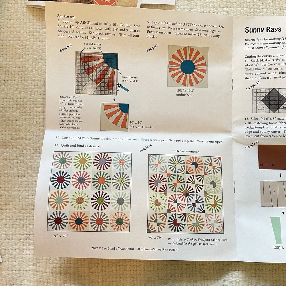 Sew‎ Kind Of Wonderful Quilt Set 70 & Sunny Rays Pattern Kit Fabric 76x76 Curve